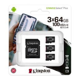 Karta pamięci Kingston microSD Canvas Select Plus 64GB UHS-I Class 10 + adapter 3Pack