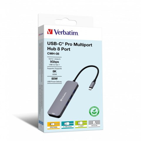 Verbatim CMH-08 USB Type-C 5000 Mbit/s Srebrny