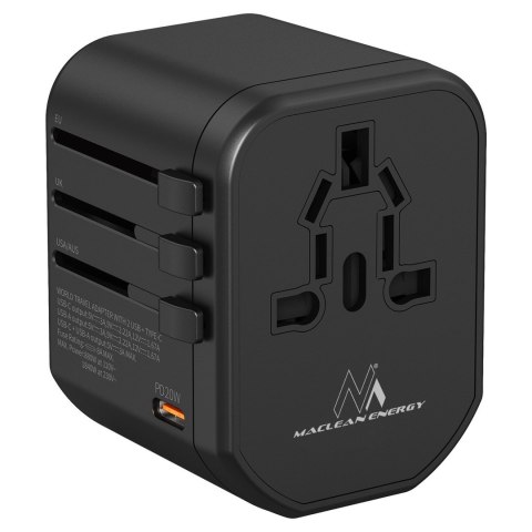 Adapter podróżny Maclean, zasilacz USB, 2xUSB 2,4A + USB-C PD 20W, Bezpiecznik 8A, Quick and Fast Charge, 200 krajów świata, MCE