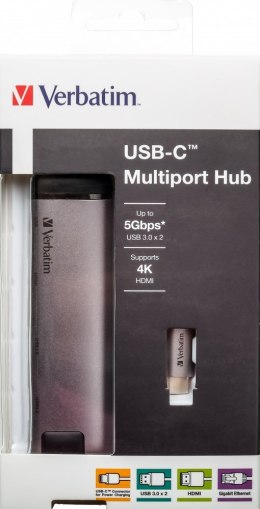 Verbatim 49141 stacja dokująca USB 3.2 Gen 1 (3.1 Gen 1) Type-C Czarny, Srebrny